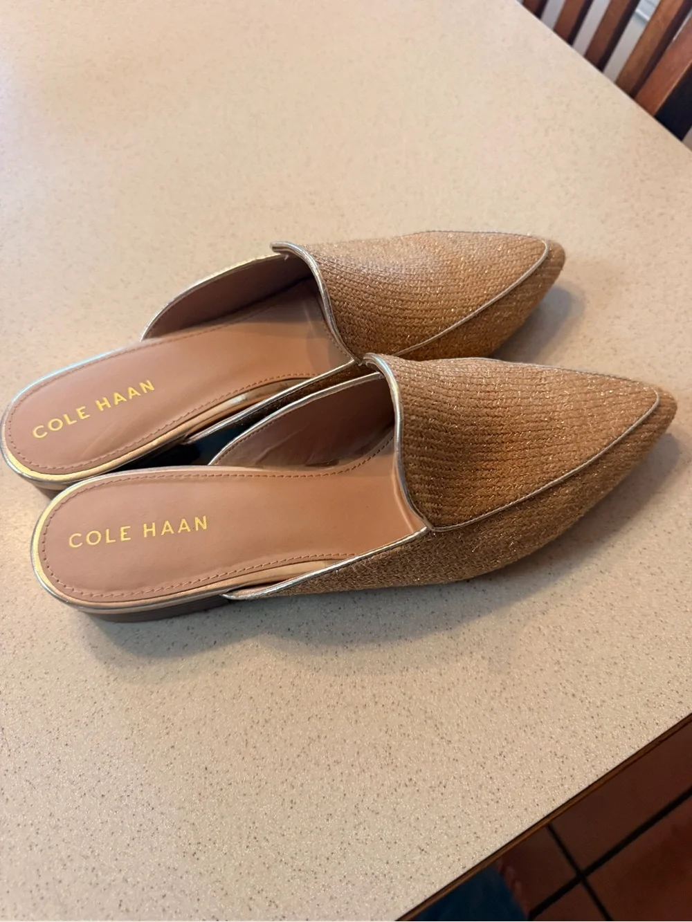 Cole Haan Tan Woven Pointed Mules with Gold Trim